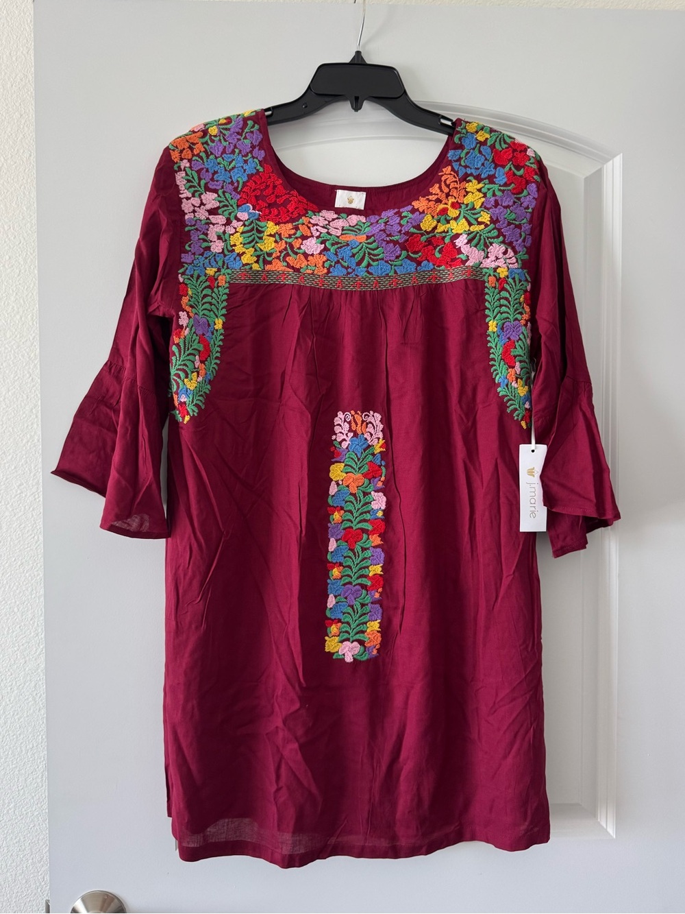 NWT J. Marie Burgundy Floral Embroidered Cotton & Linen Bell Sleeve Mini Dress